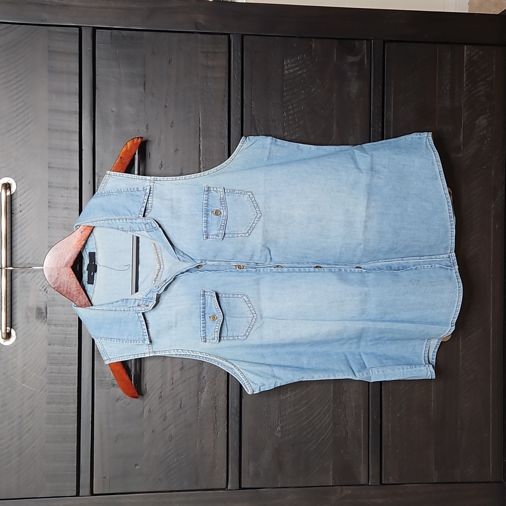 Collar Denim Blue Style Button Up Tank Top